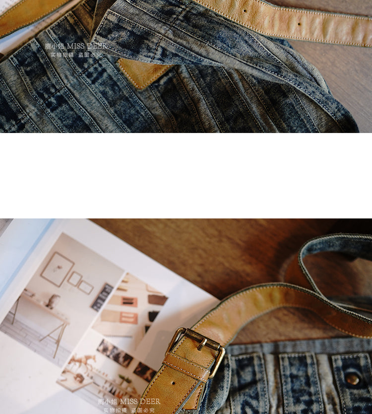 Vintage Washed Distressed Denim Patchwork Lightweight Large Capacity Tote Bag Versatile Casual Shoulder Crossbody Bag
