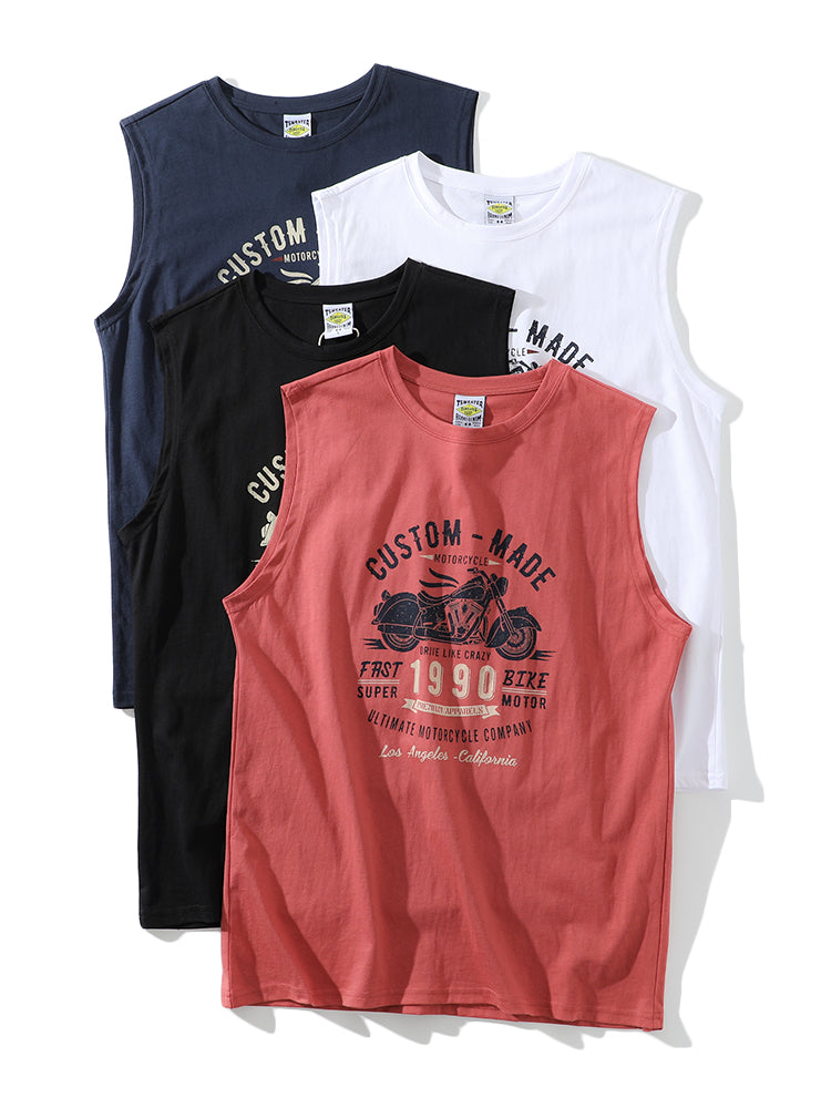 American-Retro Washed 100% Cotton Printed Sleeveless Vest – Trendy Summer Sports Casual Tee