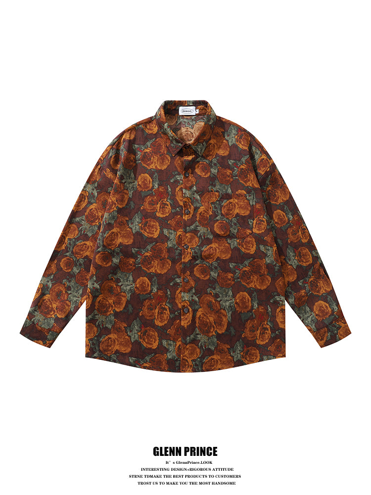 American Retro Oil Painting Floral Full Print Long Sleeve Shirt for Men, Autumn Street Style Loose Casual Floral Shirt