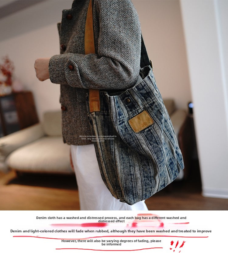 Vintage Washed Distressed Denim Patchwork Lightweight Large Capacity Tote Bag Versatile Casual Shoulder Crossbody Bag