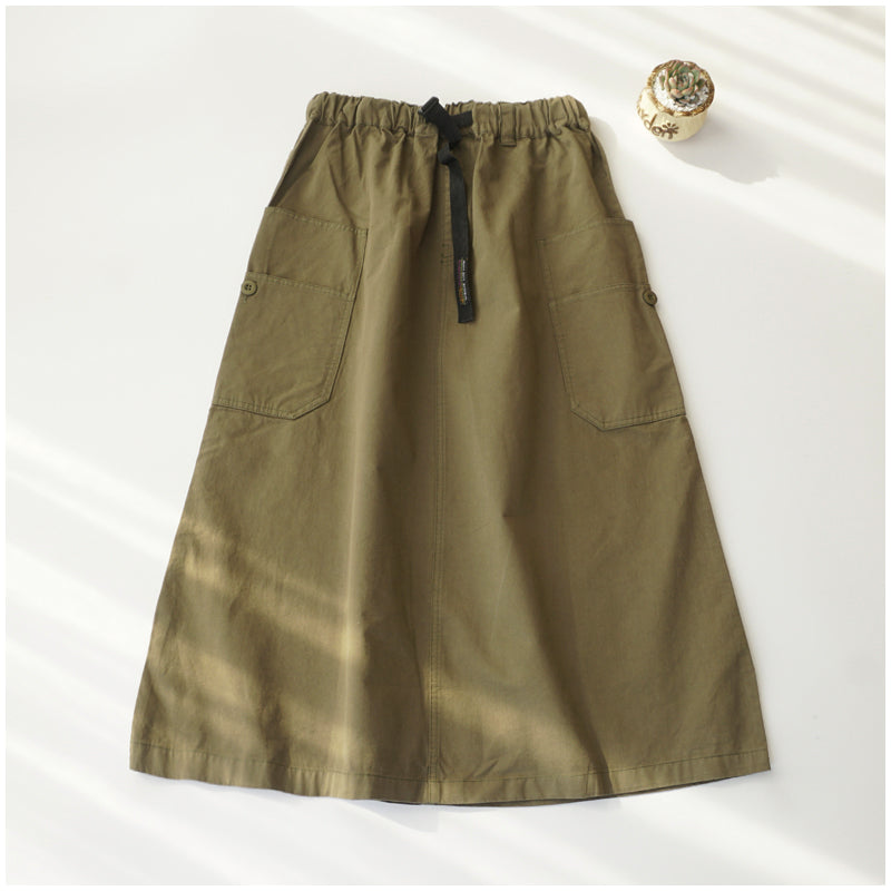 Japanese-Style Patchwork A-Line Skirt – High-Waist Loose Fit with Elegant Elastic Waist
