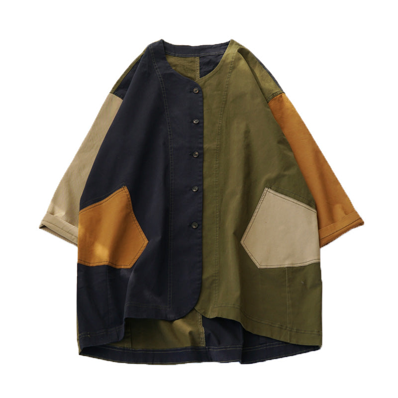 Color-Block Mid-Length Trench Coat – Japanese Retro V-Neck Single-Breasted Jacket