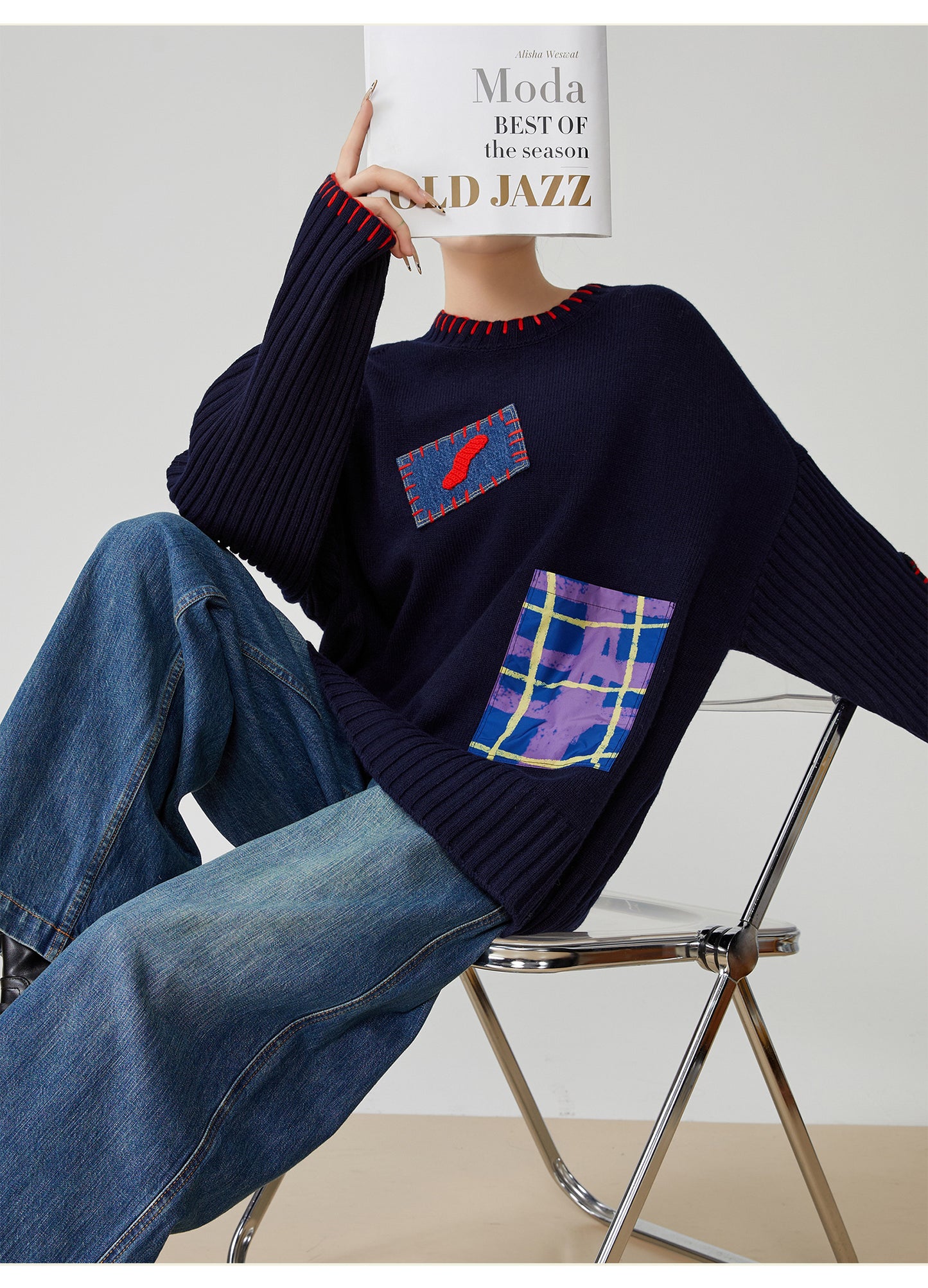 Color-Block Hand-Embroidered Patchwork Sweater – Japanese Niche Knit Top