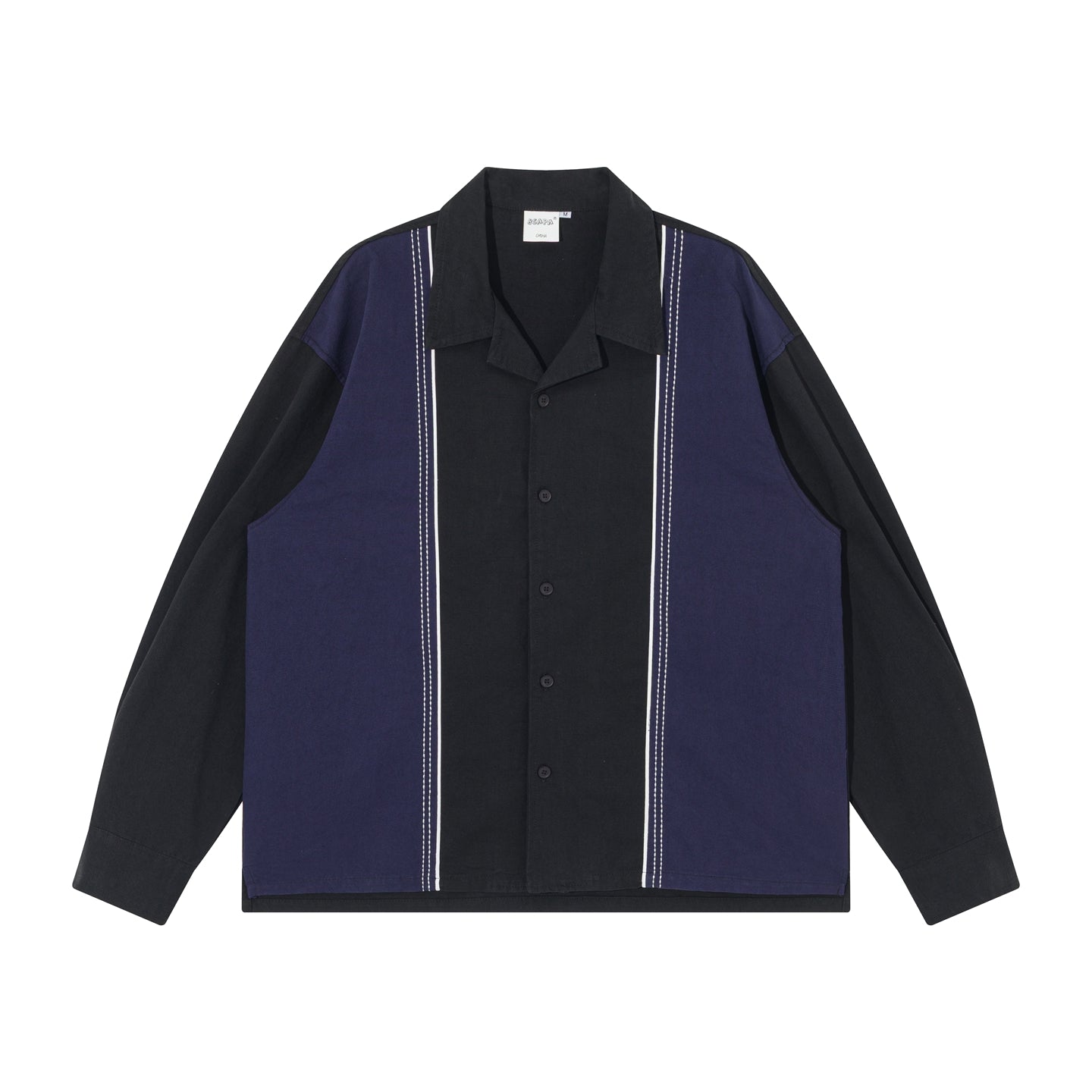 Color-Block Washed Work Shirt – Japanese Retro Patchwork Cuban Collar for Men