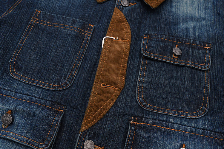 Color-Block Washed Denim Motorcycle Jacket – Retro Workwear Loose Casual Coat