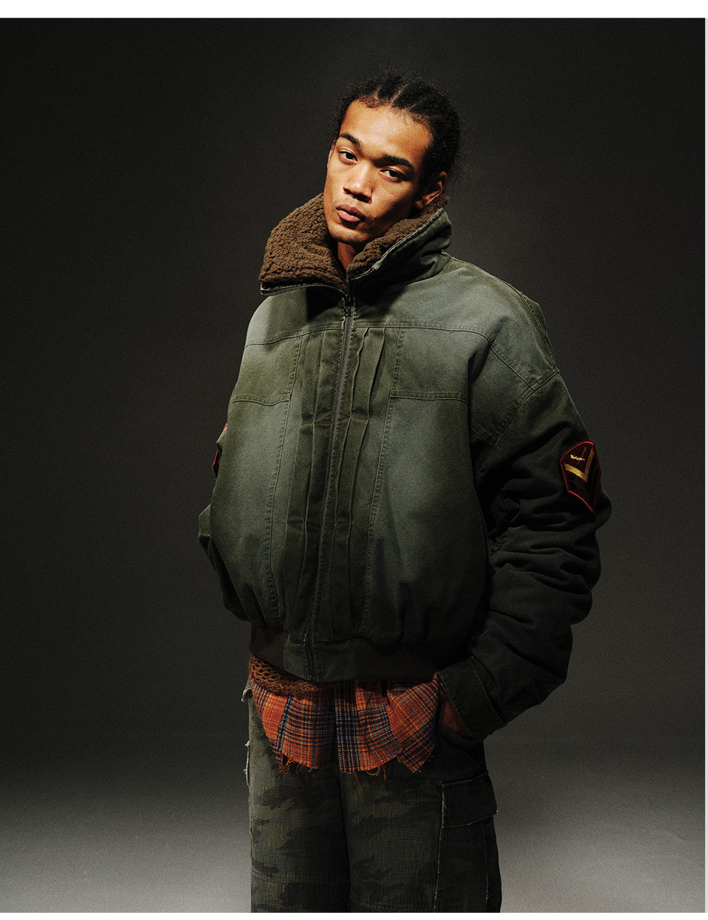 24aw Washed Green Vintage Jacket Cotton-Padded Coat Distressed Epaulet Fur Collar Thickened Coat