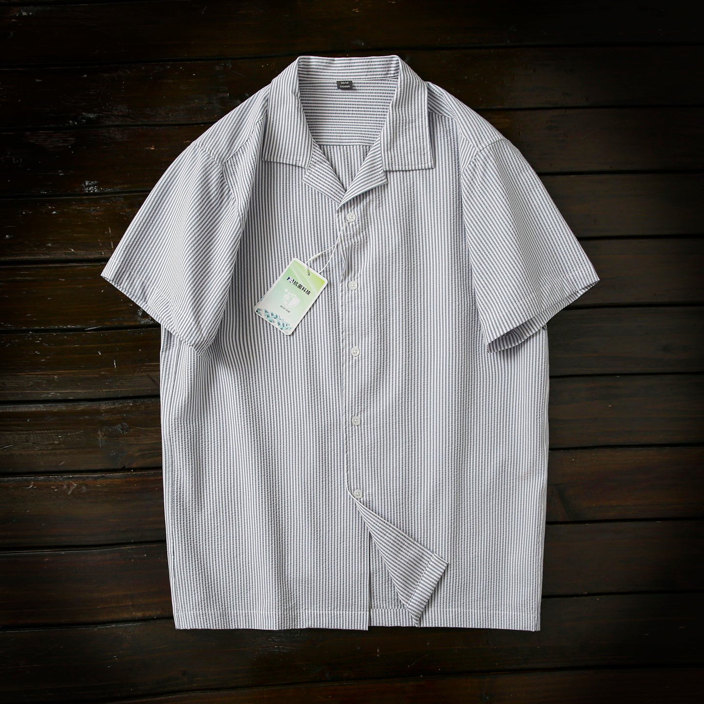 Bubble Gauze Texture 7A Antibacterial Cool Summer Men's Cuban Collar Striped Short Sleeve Shirt Top