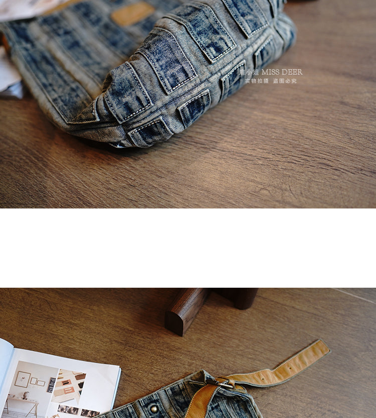 Vintage Washed Distressed Denim Patchwork Lightweight Large Capacity Tote Bag Versatile Casual Shoulder Crossbody Bag
