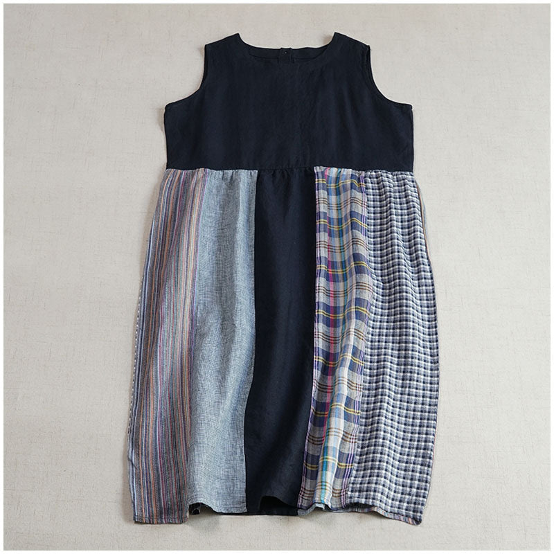 Linen Color-Block Mori Girl Tank Dress – High-Waist, Loose, Round Neck