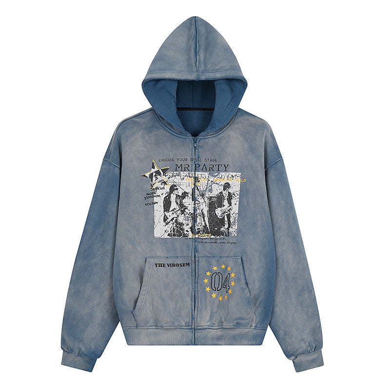 Distressed Gradient Zip-Up Hoodie – Oversized American Streetwear Sweatshirt Jacket | Yamalinclothes