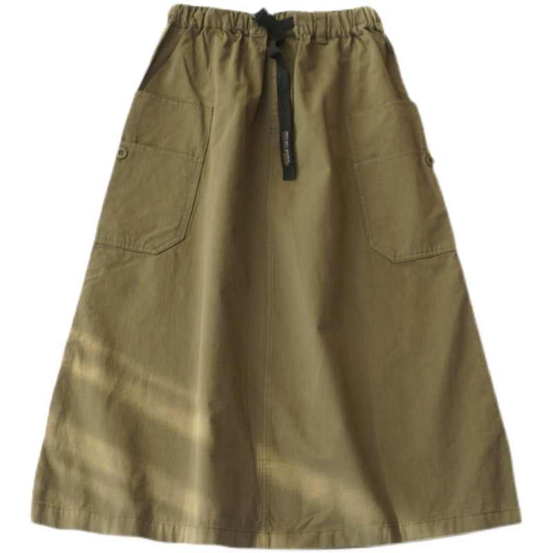 Japanese-Style Patchwork A-Line Skirt – High-Waist Loose Fit with Elegant Elastic Waist