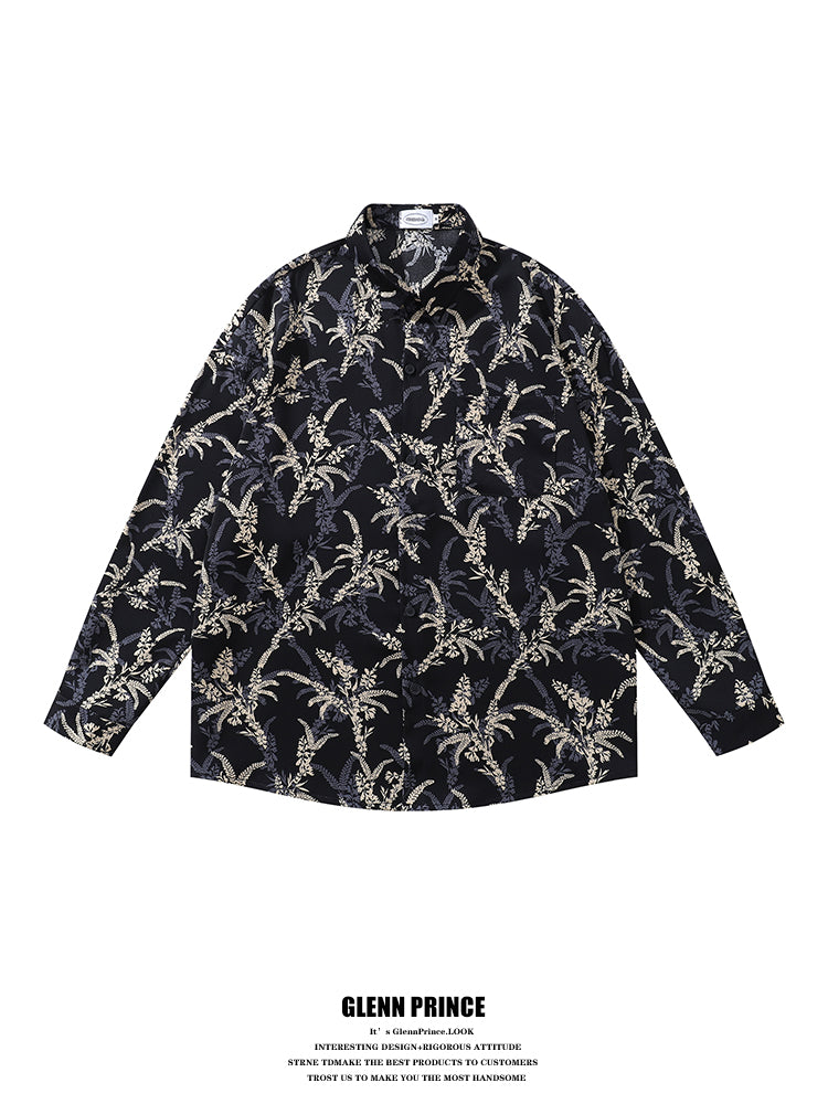 American Style Casual Floral Full Print Long Sleeve Shirt for Men, Loose Beach Shirt Jacket for Autumn