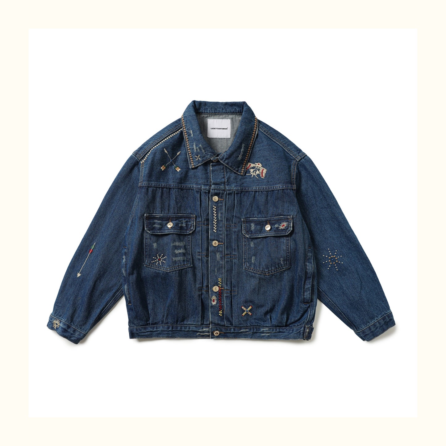 AMI Vintage Distressed Japanese-Style Denim Jacket – Heavy-Duty Embroidered Coat for Men