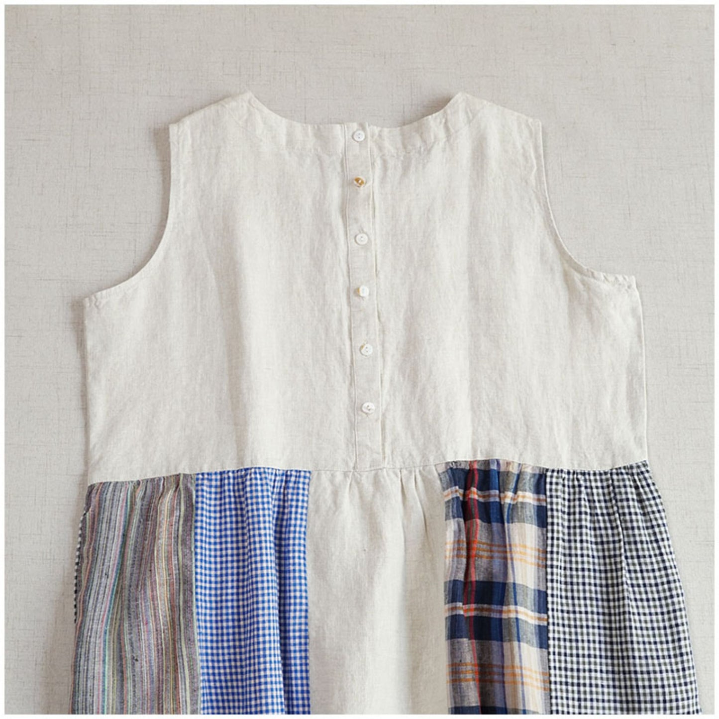 Linen Color-Block Mori Girl Tank Dress – High-Waist, Loose, Round Neck