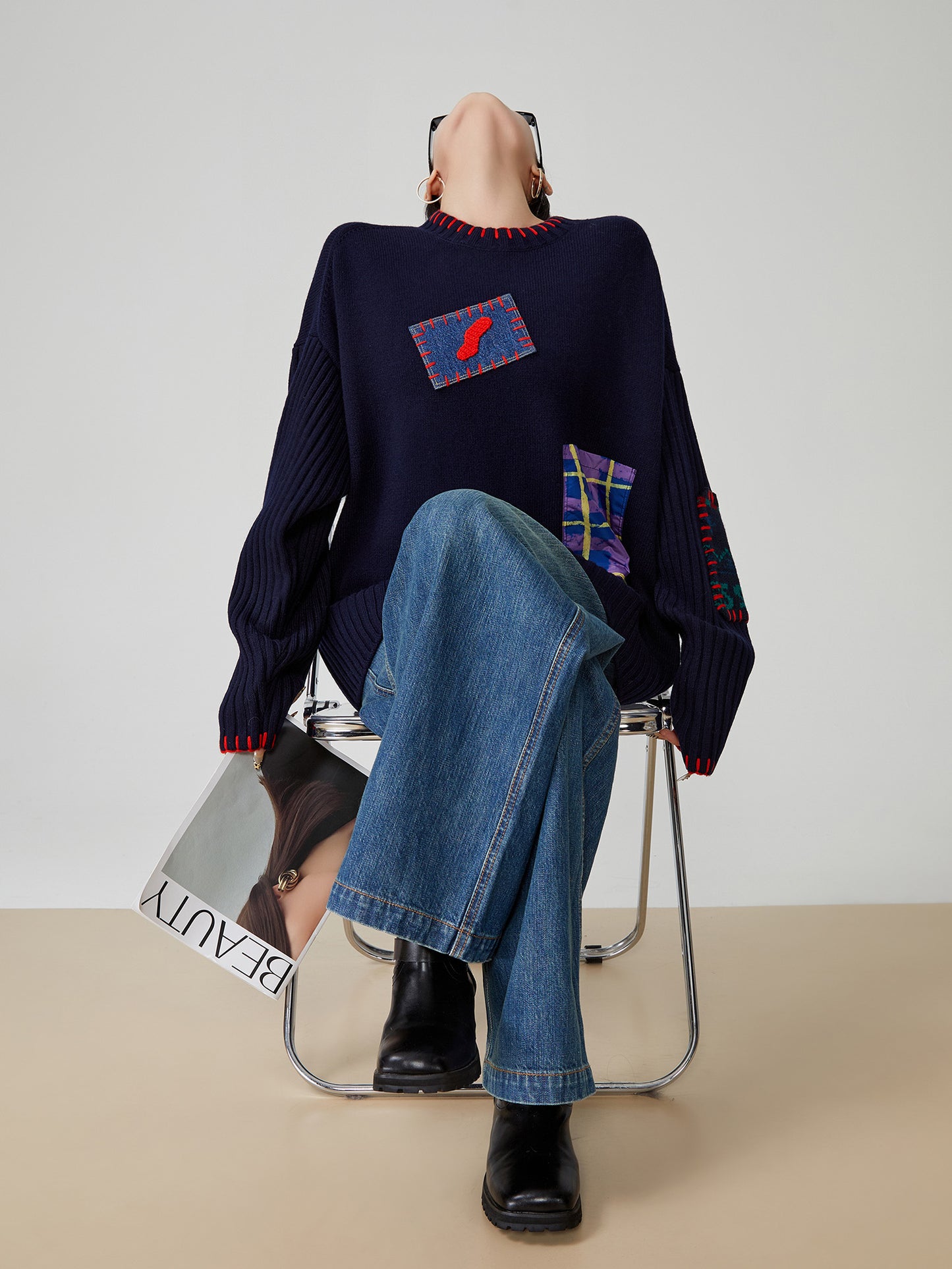 Color-Block Hand-Embroidered Patchwork Sweater – Japanese Niche Knit Top