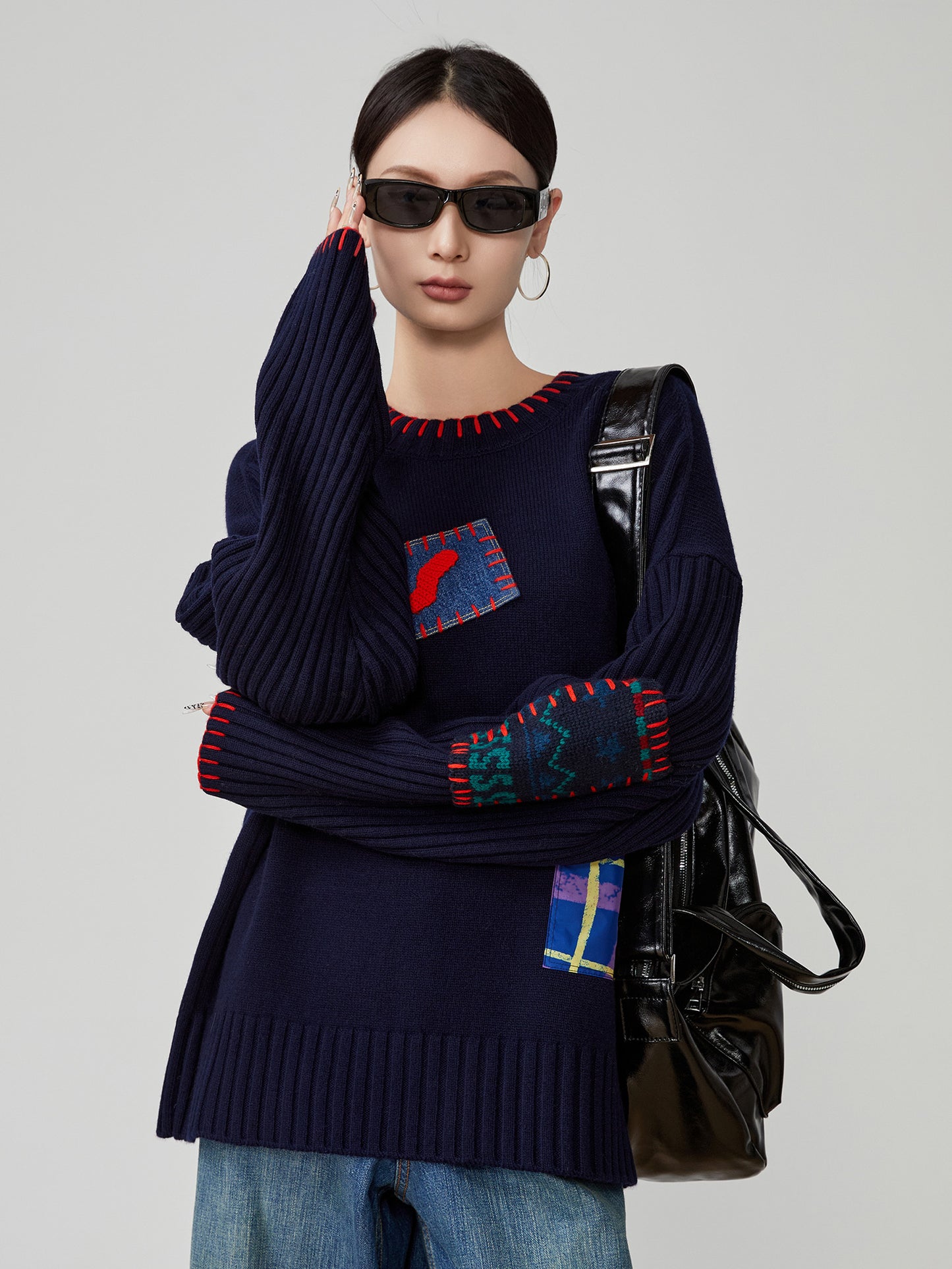 Color-Block Hand-Embroidered Patchwork Sweater – Japanese Niche Knit Top