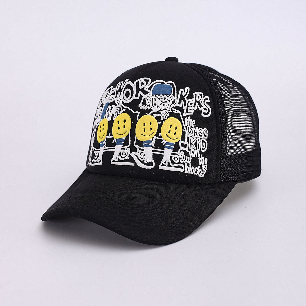 Japanese 25AW Kapital Hirata Kazuhiro Smiley Face Camo Foam Print Mesh Baseball Cap – Breathable Patchwork Design