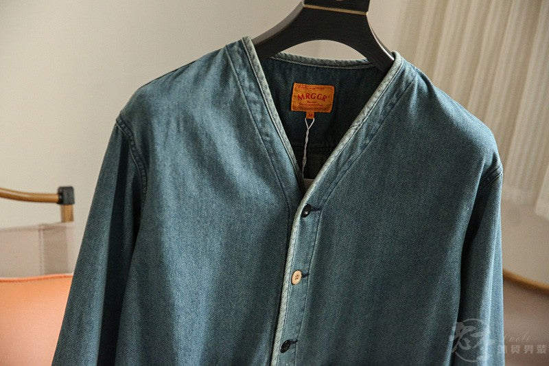 Autumn New Japanese Retro Washed Cotton Men's Casual Versatile Collarless Denim Jacket Coat Trend