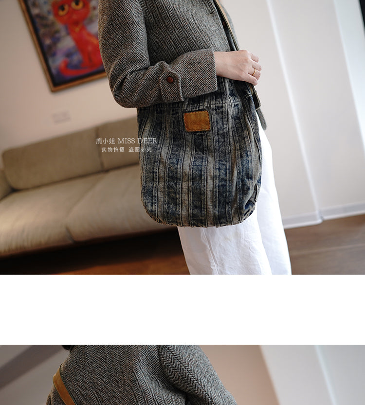 Vintage Washed Distressed Denim Patchwork Lightweight Large Capacity Tote Bag Versatile Casual Shoulder Crossbody Bag