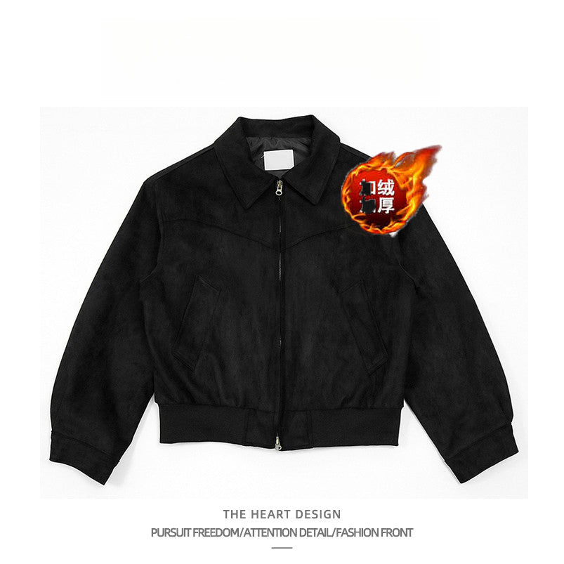 Autumn Winter Retro High Street Suede Short Jacket Men Thickened Stylish Versatile Motorcycle Lapel Flight Casual Jacket