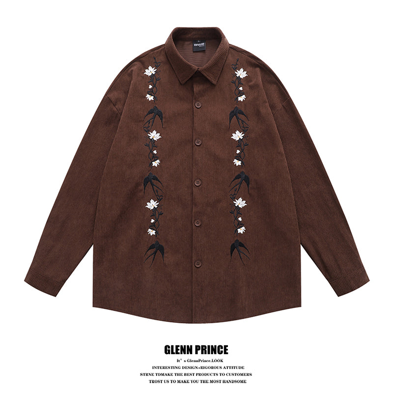 GPStudio American-Retro Floral Embroidery Corduroy Shirt – Long Sleeve, Loose Fit