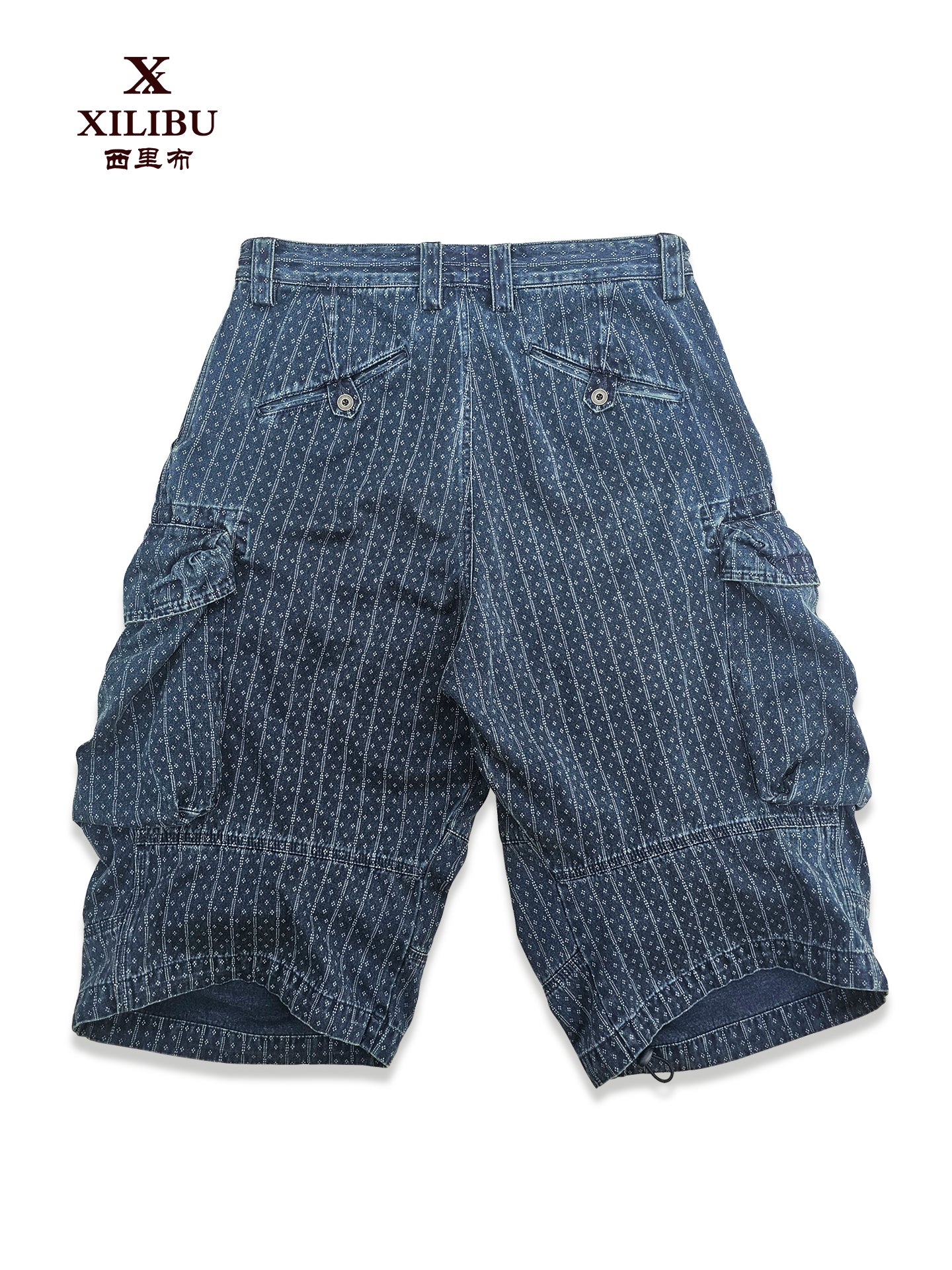 Blue Dyed Jacquard Loose Fit Scimitar Cropped Pants Japanese Retro Style with Large Pockets Casual Mid-Length Shorts