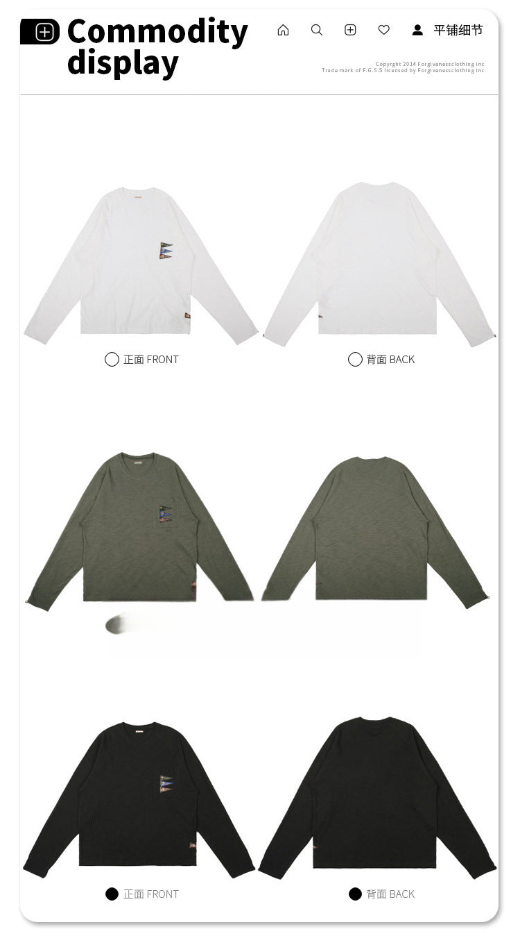 Japanese Style Flag Embroidery Loose Round Neck Men's Versatile Long Sleeve T-Shirt