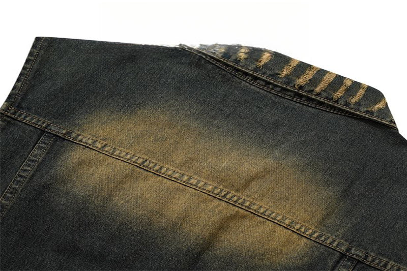 Vintage Distressed Turn-Down Collar Short Fringe Raw Edge Denim Vest Men's Functional Style Workwear Stylish Vintage Vest