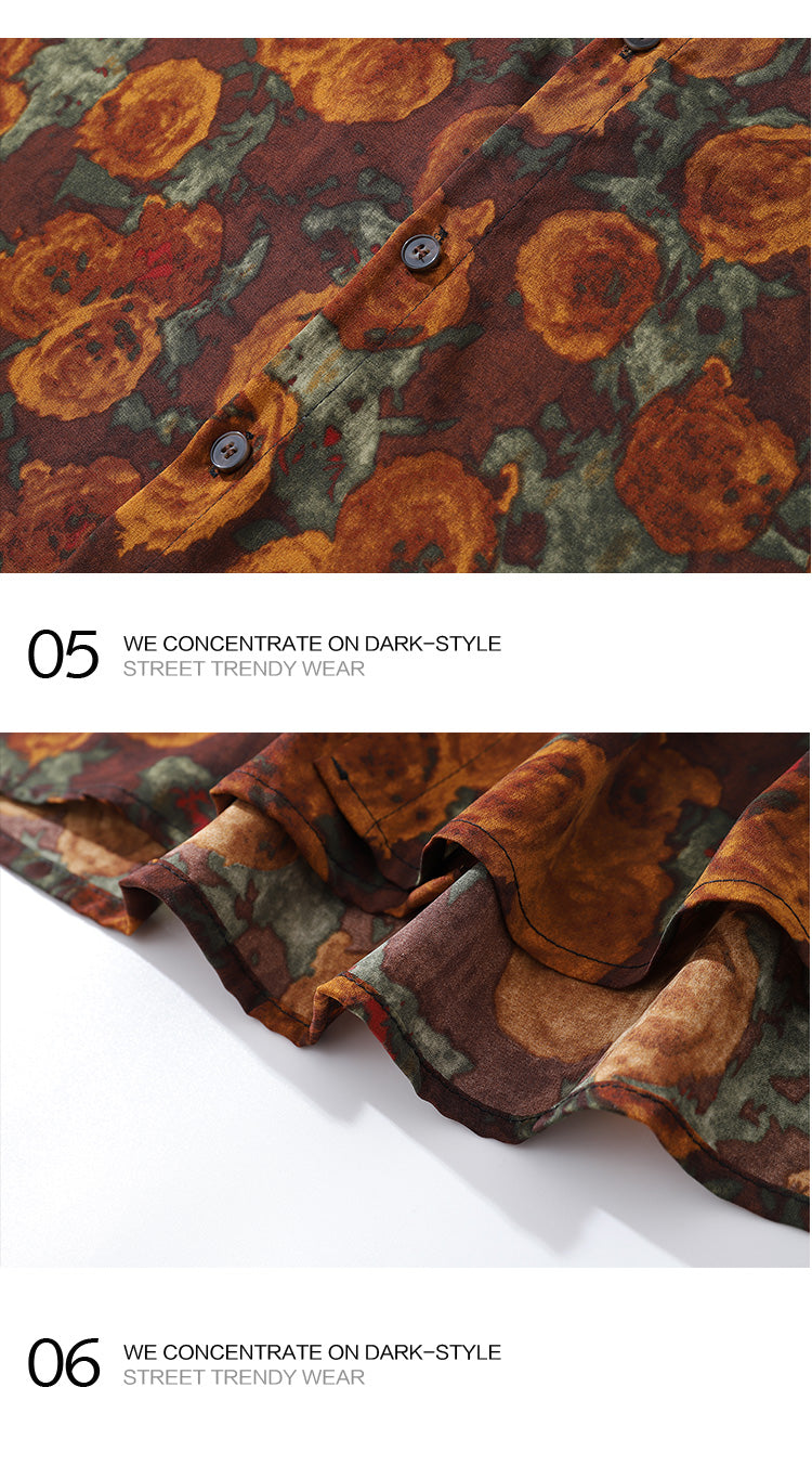 American Retro Oil Painting Floral Full Print Long Sleeve Shirt for Men, Autumn Street Style Loose Casual Floral Shirt