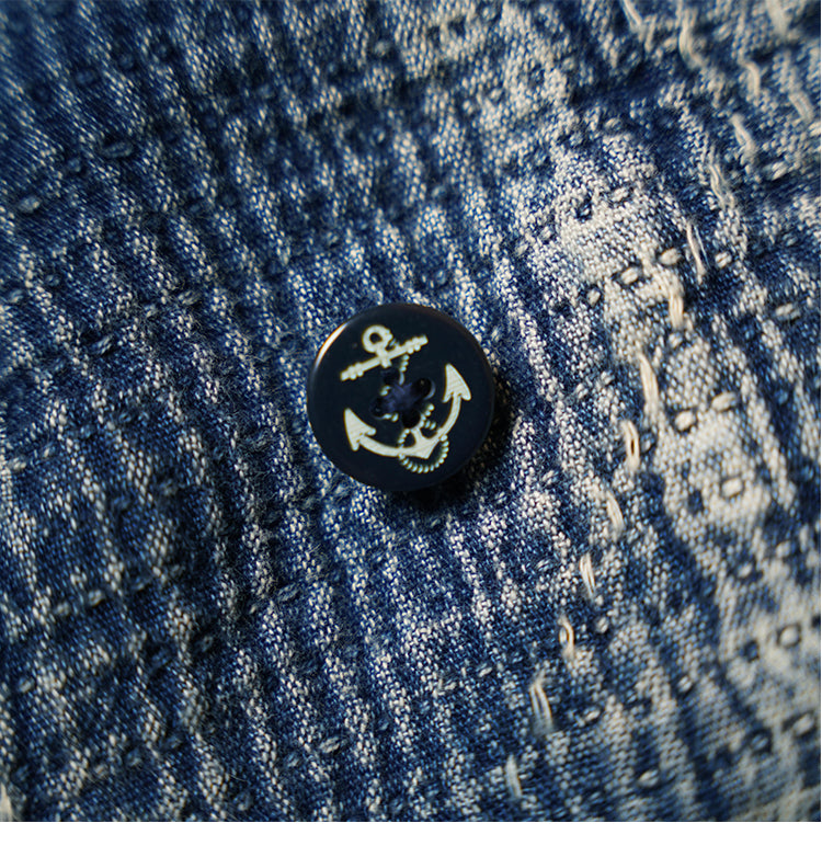 Retro Sashiko Washed Double-Breasted Jacket – Heavy Indigo Denim Workwear (Unisex)