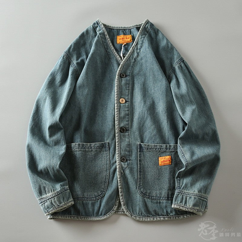 Autumn New Japanese Retro Washed Cotton Men's Casual Versatile Collarless Denim Jacket Coat Trend