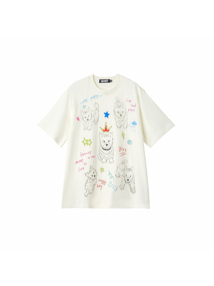 Hand-drawn Puppy Short-sleeve T-shirt Cute Fun Loose Cotton Summer T