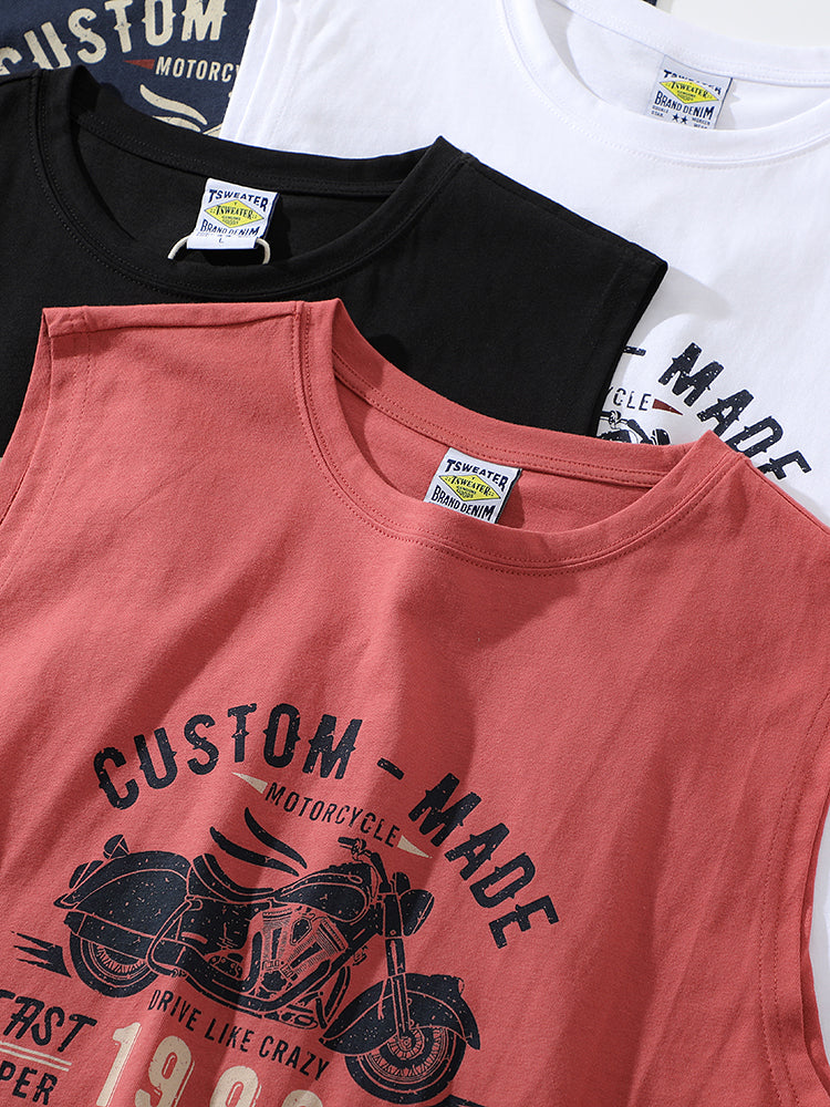 American-Retro Washed 100% Cotton Printed Sleeveless Vest – Trendy Summer Sports Casual Tee