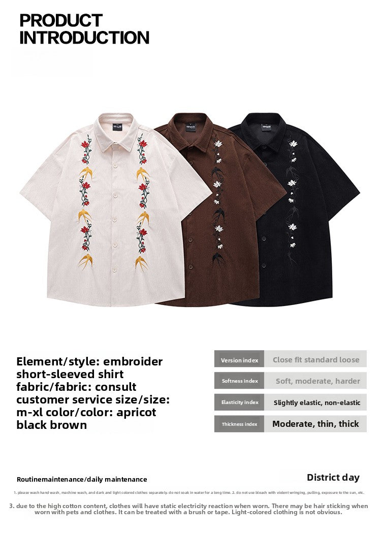 American Retro Floral Embroidery Corduroy Short Sleeve Shirt for Men Summer Trendy Brand Niche Loose Shirt