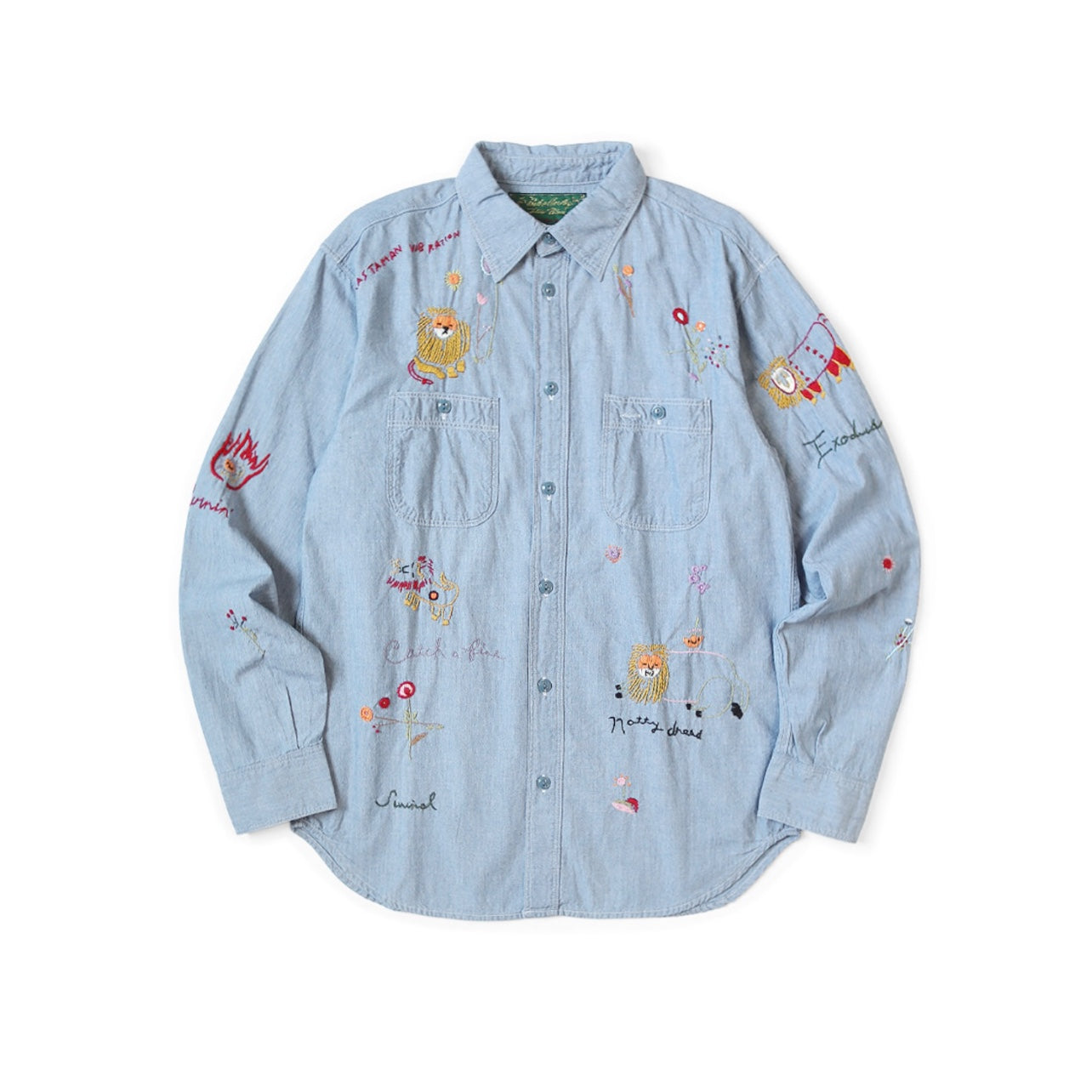 25AW Japanese Style Casual Lion Floral Embroidery Turn-down Collar Cotton Long Shirt