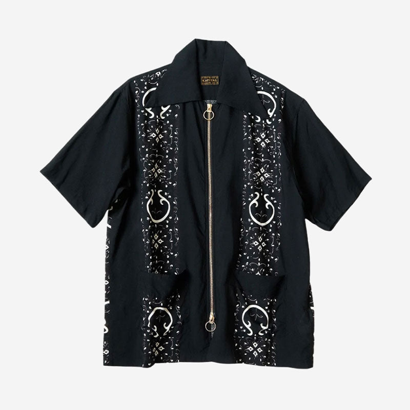 Japanese Style Casual Double Zipper Printed Short Sleeve Shirt Loose Fit Unisex
