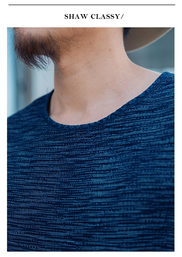 Original Japanese Retro Blue Dyed Sashiko & Kasuri Loose Fit Crew Neck Short Sleeve T-Shirt