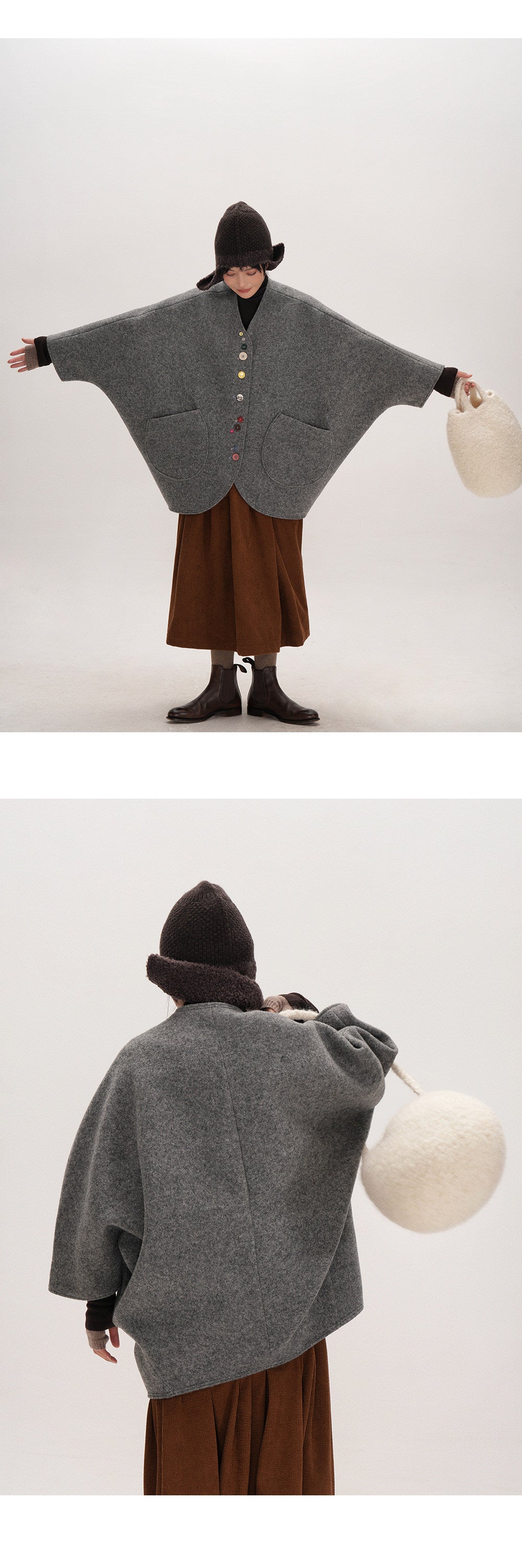 Smoke Gray Composite Wool Batwing Sleeve Cardigan - Irregular Button Coat (Women)