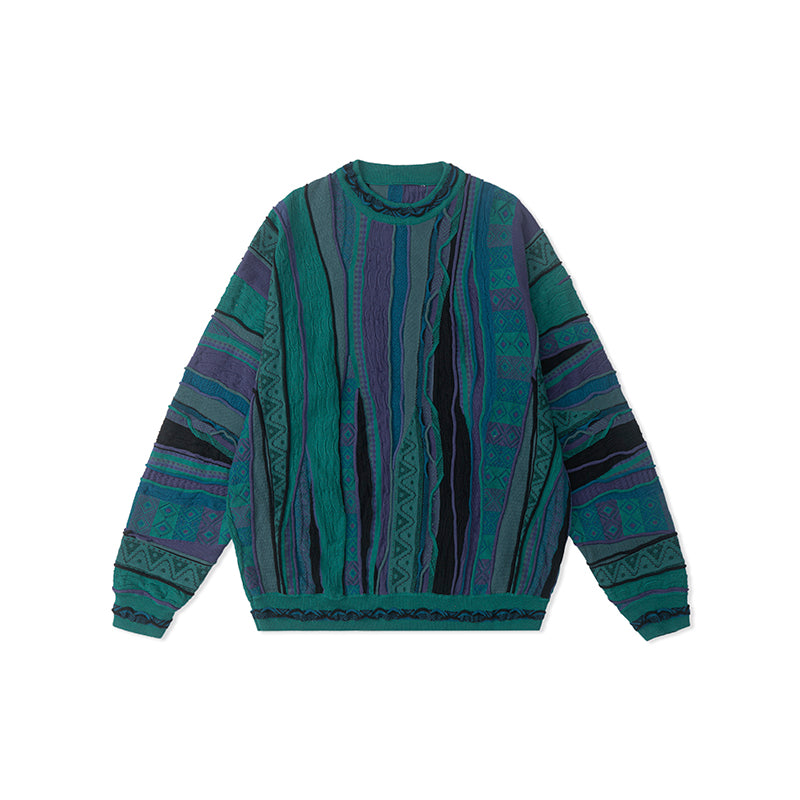Vintage Pop Style Bitter Melon Striped Ethnic Sweater