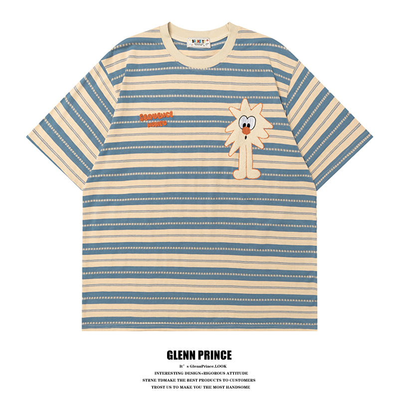 Japanese Style Casual Cartoon Color Block Striped Short Sleeve Men's T-Shirt Summer Oversize Lazy Half Sleeve Tee