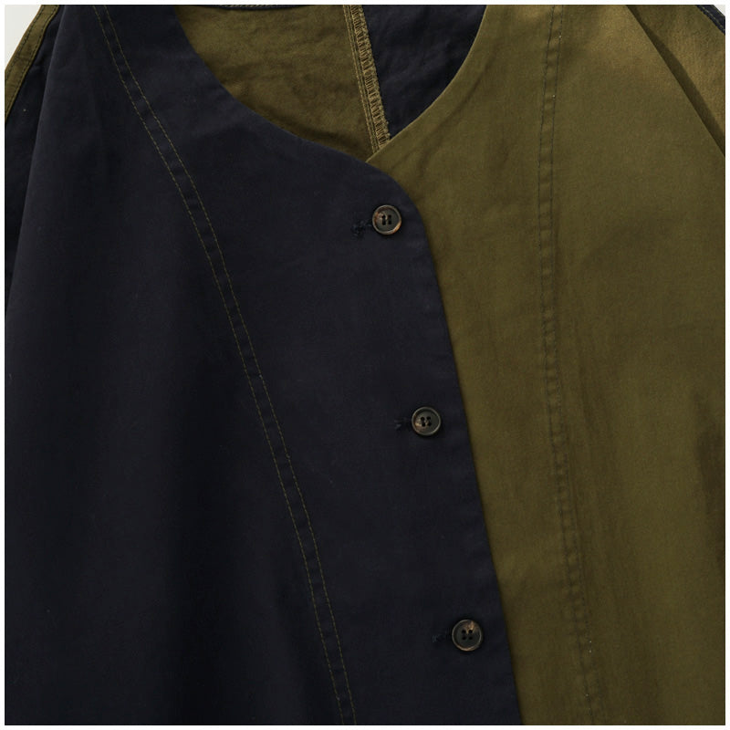 Color-Block Mid-Length Trench Coat – Japanese Retro V-Neck Single-Breasted Jacket