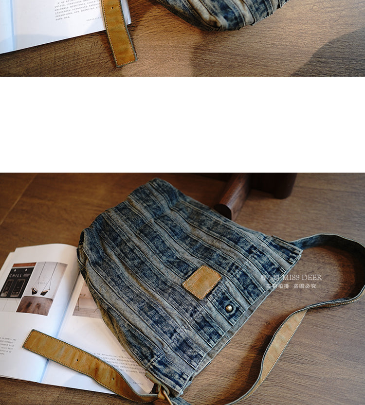 Vintage Washed Distressed Denim Patchwork Lightweight Large Capacity Tote Bag Versatile Casual Shoulder Crossbody Bag