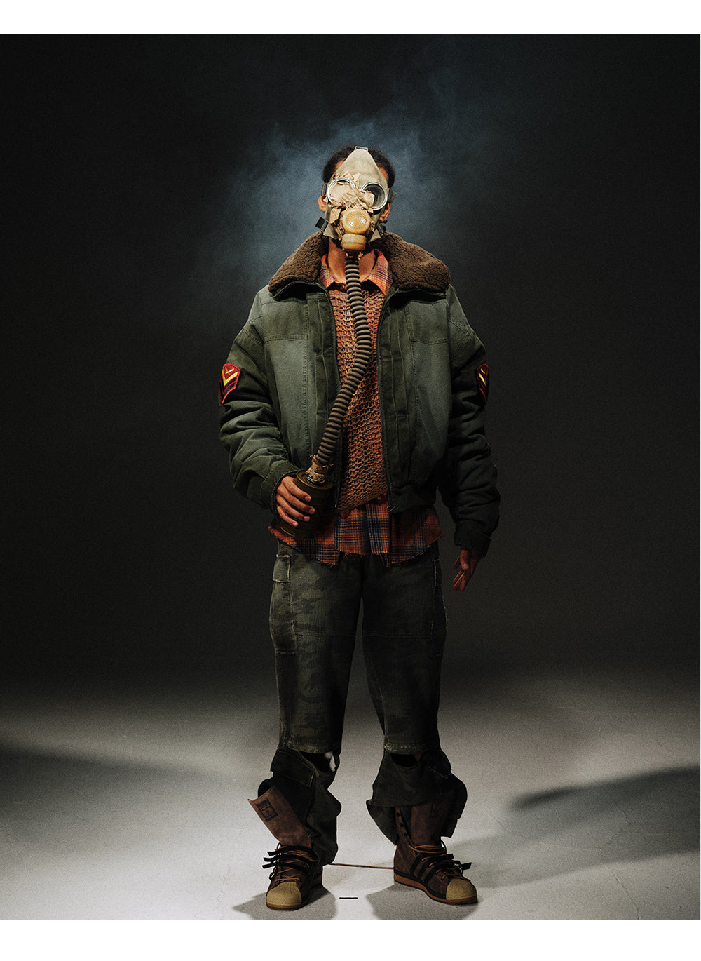 24aw Washed Green Vintage Jacket Cotton-Padded Coat Distressed Epaulet Fur Collar Thickened Coat