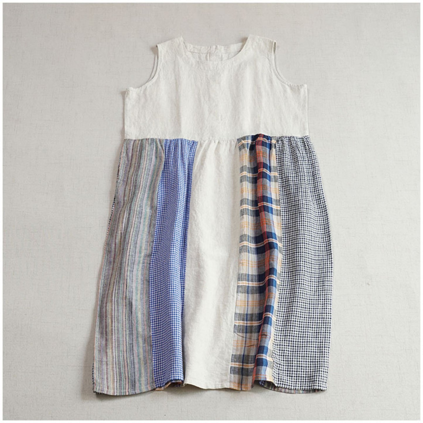 Linen Color-Block Mori Girl Tank Dress – High-Waist, Loose, Round Neck