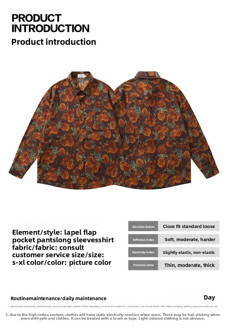 American Retro Oil Painting Floral Full Print Long Sleeve Shirt for Men, Autumn Street Style Loose Casual Floral Shirt