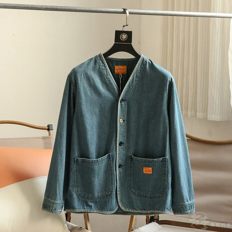 Autumn New Japanese Retro Washed Cotton Men's Casual Versatile Collarless Denim Jacket Coat Trend