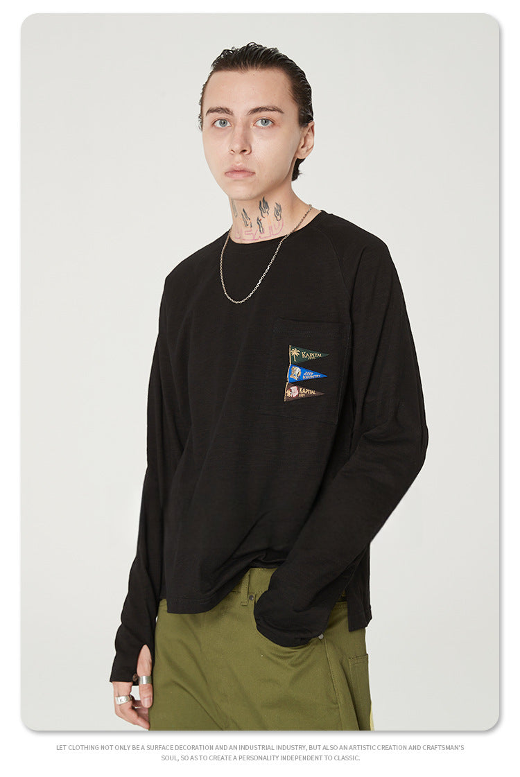 Japanese Style Flag Embroidery Loose Round Neck Men's Versatile Long Sleeve T-Shirt