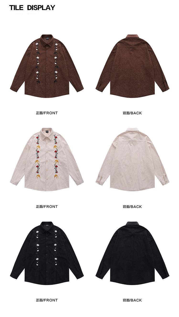 GPStudio American-Retro Floral Embroidery Corduroy Shirt – Long Sleeve, Loose Fit