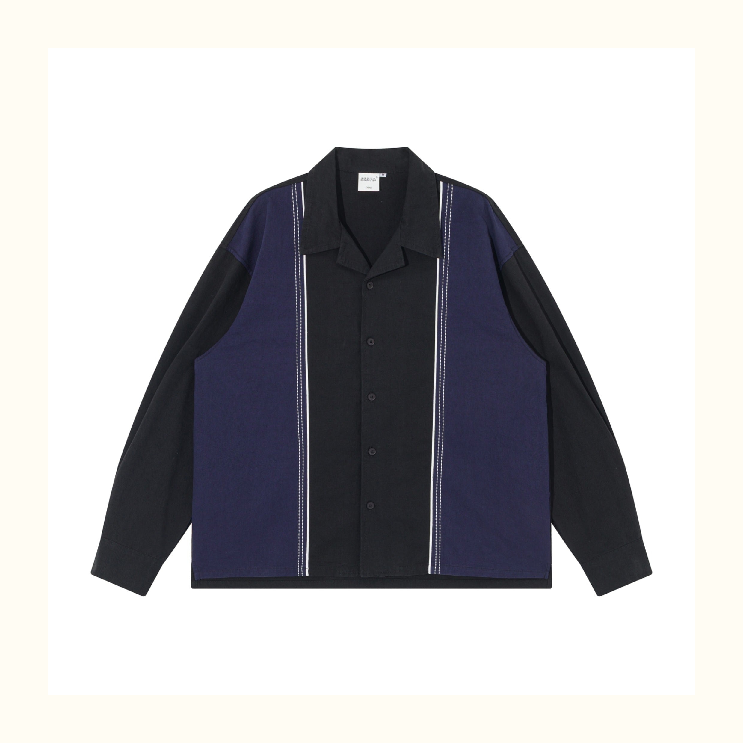 Color-Block Washed Work Shirt – Japanese Retro Patchwork Cuban Collar for Men
