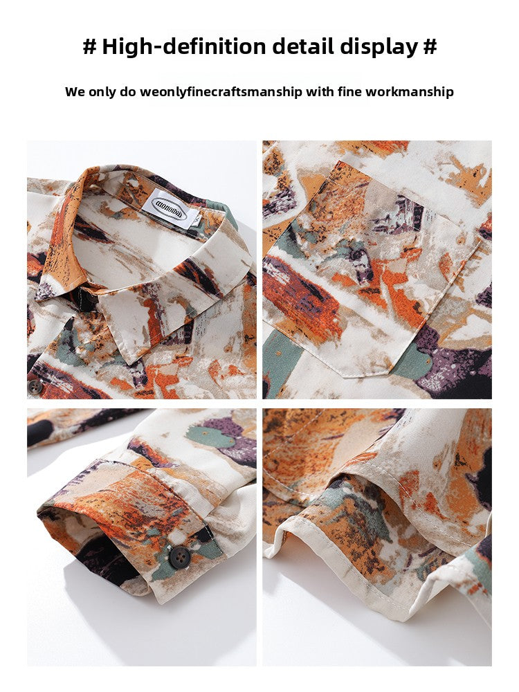 Design Sense Oil Painting Print Long Sleeve Floral Shirt for Men Spring and Autumn Trendy Brand Beach Casual Shirt Jacket